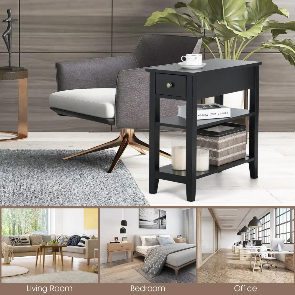 3-Tier Nightstand Bedside Table Sofa Side with Double Shelves Drawer-Black - Black - End & Side Tables