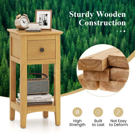 3-Tier Nightstand with Drawer and Open Storage Shelf-Natural Costway