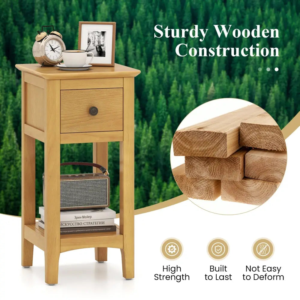 3-Tier Nightstand with Drawer and Open Storage Shelf-Natural Costway