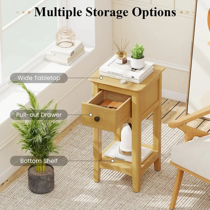 3-Tier Nightstand with Drawer and Open Storage Shelf-Natural Costway