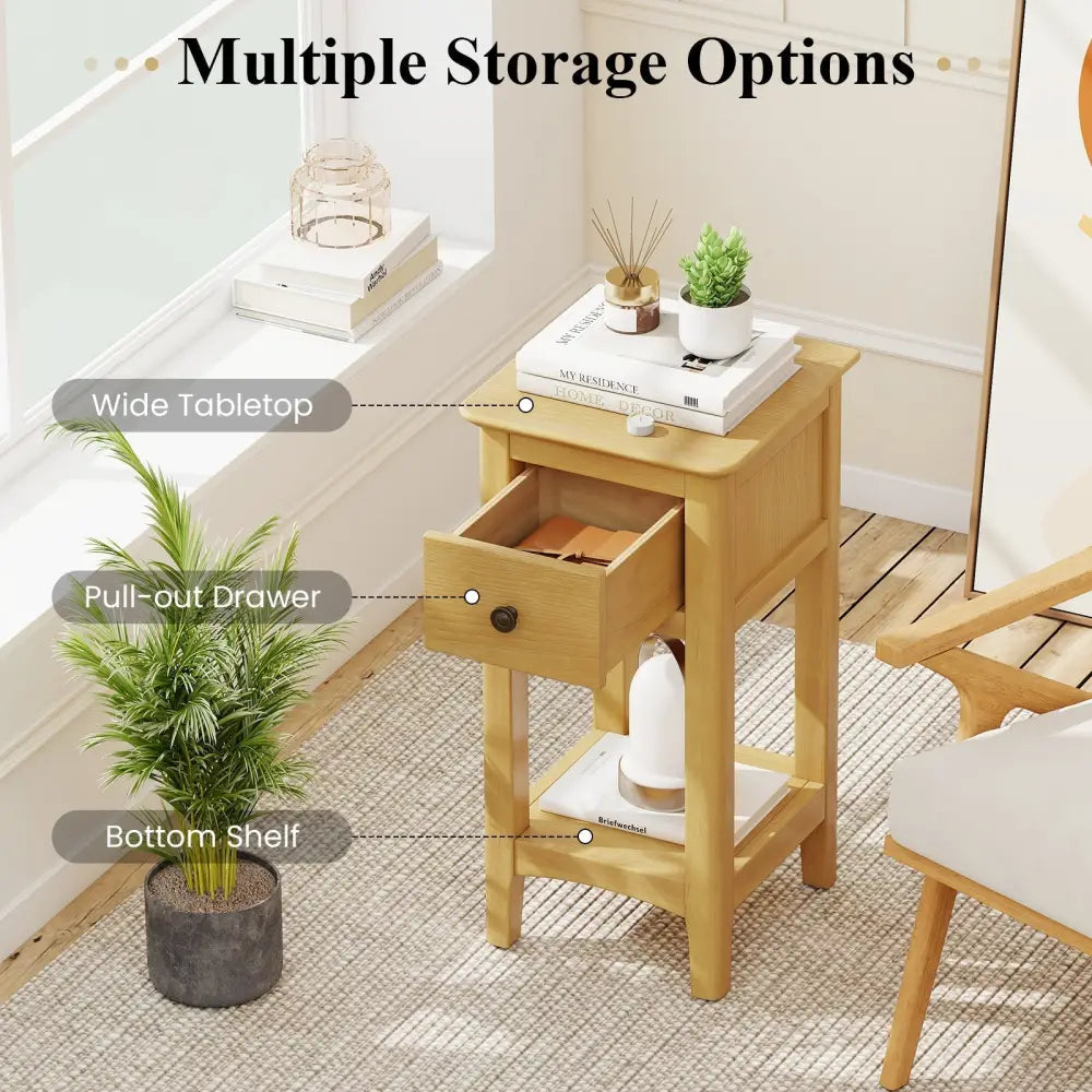 3-Tier Nightstand with Drawer and Open Storage Shelf-Natural Costway