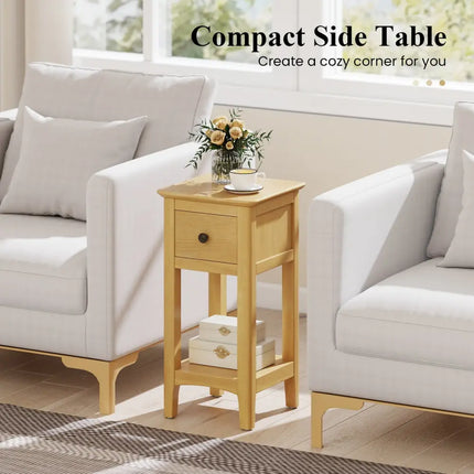3-Tier Nightstand with Drawer and Open Storage Shelf-Natural Costway