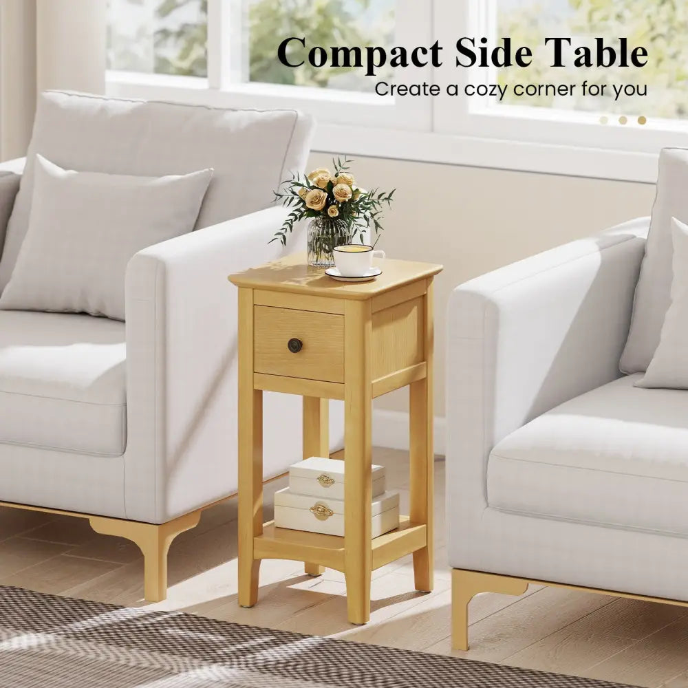 3-Tier Nightstand with Drawer and Open Storage Shelf-Natural Costway