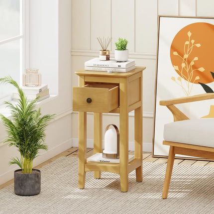3-Tier Nightstand with Drawer and Open Storage Shelf-Natural Costway