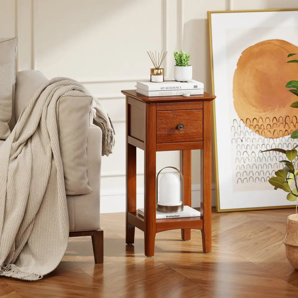 3-Tier Nightstand with Drawer and Open Storage Shelf-Walnut - Walnut - Nightstands
