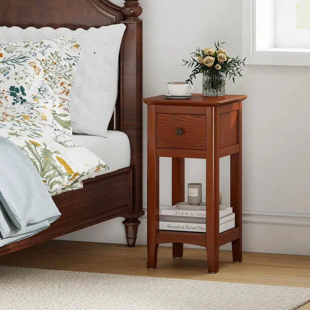 3-Tier Nightstand with Drawer and Open Storage Shelf-Walnut - Walnut - Nightstands