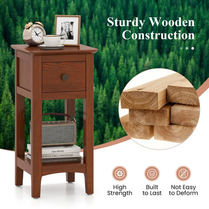 3-Tier Nightstand with Drawer and Open Storage Shelf-Walnut - Walnut - Nightstands