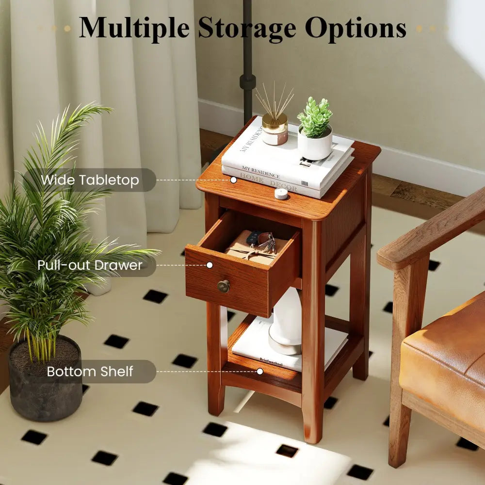 3-Tier Nightstand with Drawer and Open Storage Shelf-Walnut - Walnut - Nightstands