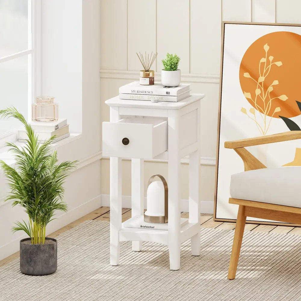 3-Tier Nightstand with Drawer and Open Storage Shelf-White - White - Nightstands