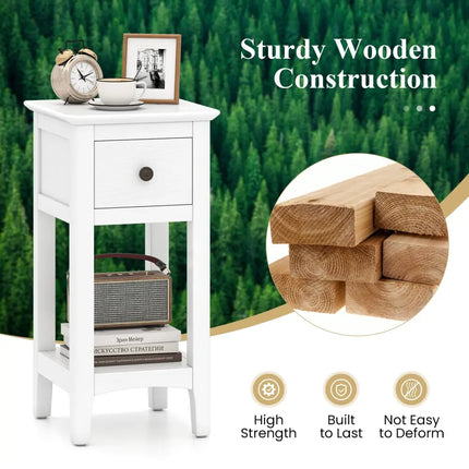 3-Tier Nightstand with Drawer and Open Storage Shelf-White - White - Nightstands