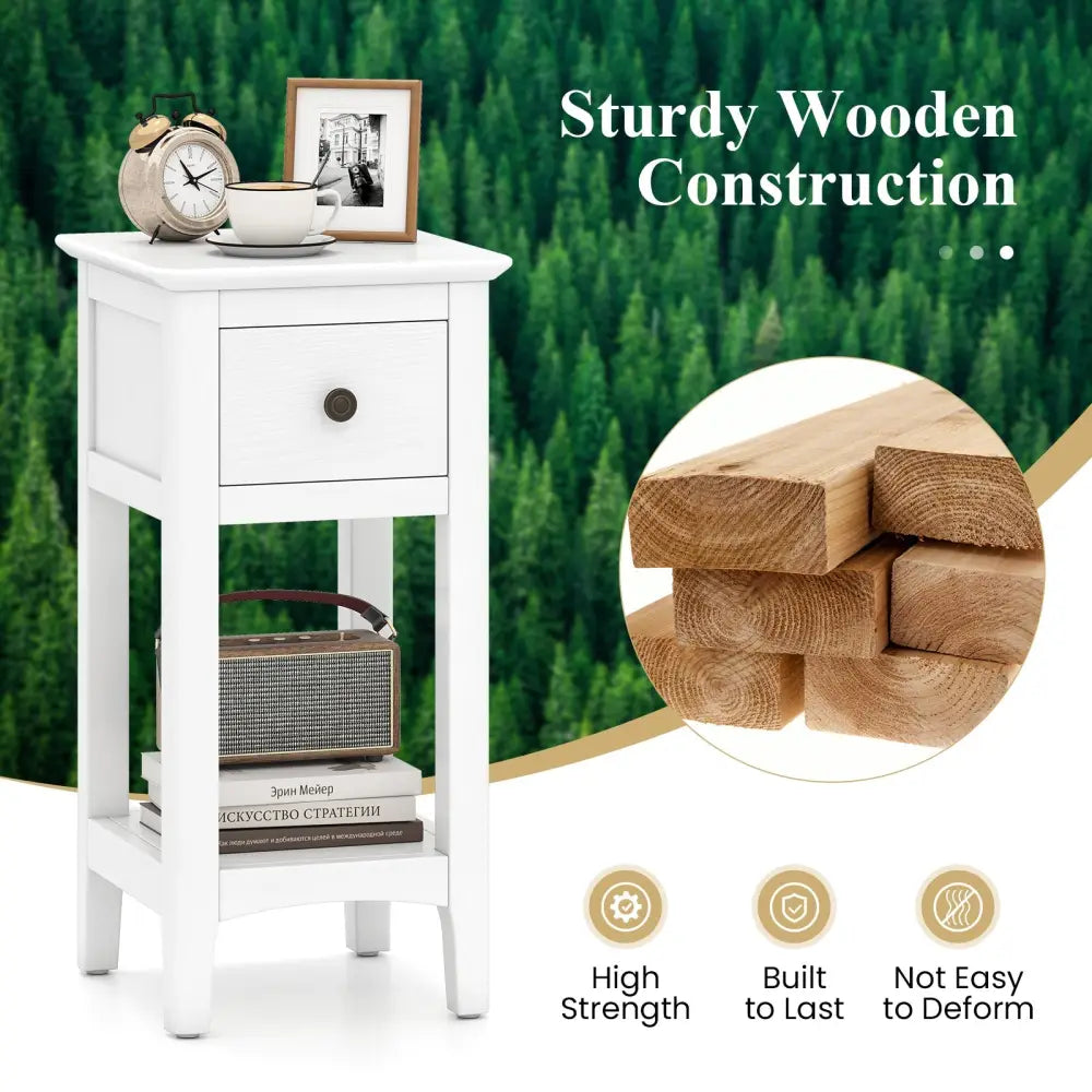 3-Tier Nightstand with Drawer and Open Storage Shelf-White - White - Nightstands