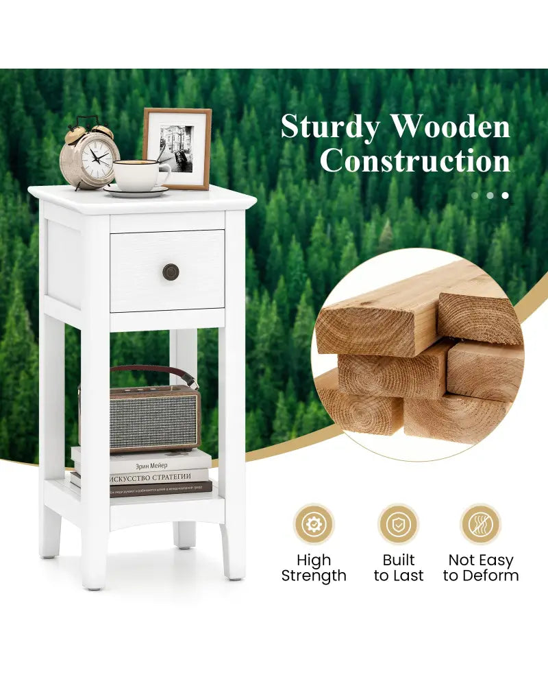 3-Tier Nightstand with Drawer and Open Storage Shelf-White - White - Nightstands