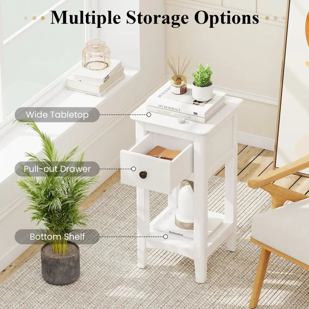 3-Tier Nightstand with Drawer and Open Storage Shelf-White - White - Nightstands