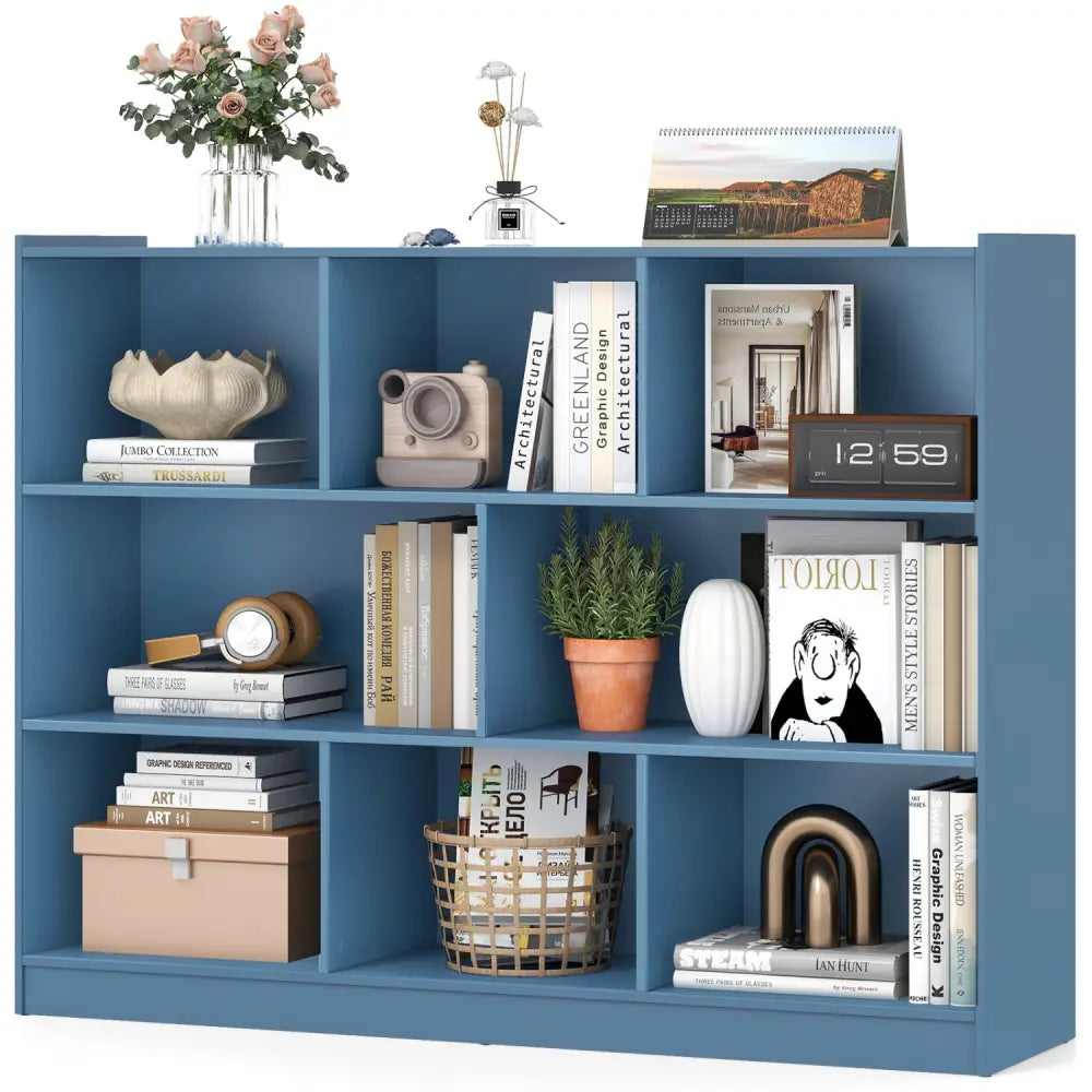 3-Tier Open Bookcase 8-Cube Floor Standing Storage Shelves-Blue - Blue - Bookcases