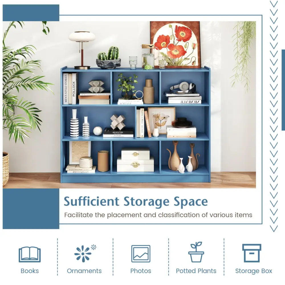 3-Tier Open Bookcase 8-Cube Floor Standing Storage Shelves-Blue - Blue - Bookcases