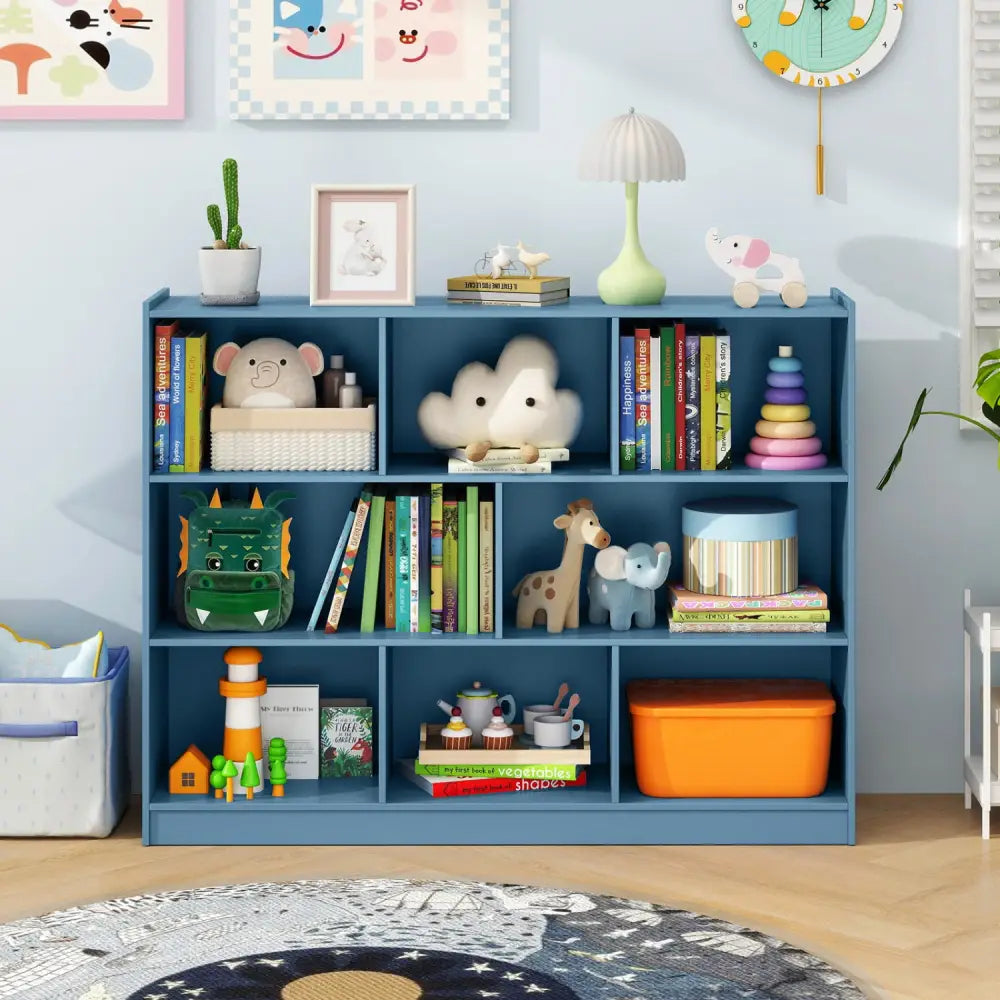 3-Tier Open Bookcase 8-Cube Floor Standing Storage Shelves-Blue - Blue - Bookcases