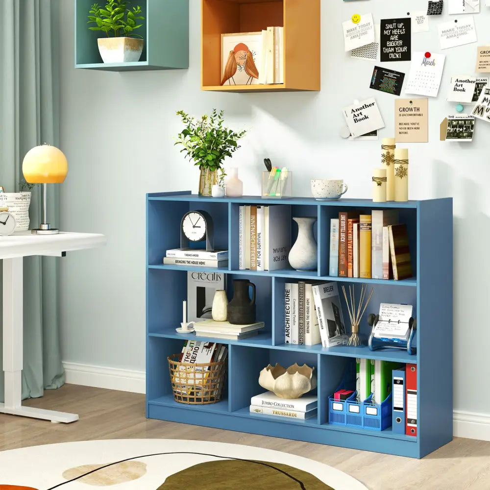3-Tier Open Bookcase 8-Cube Floor Standing Storage Shelves-Blue - Blue - Bookcases