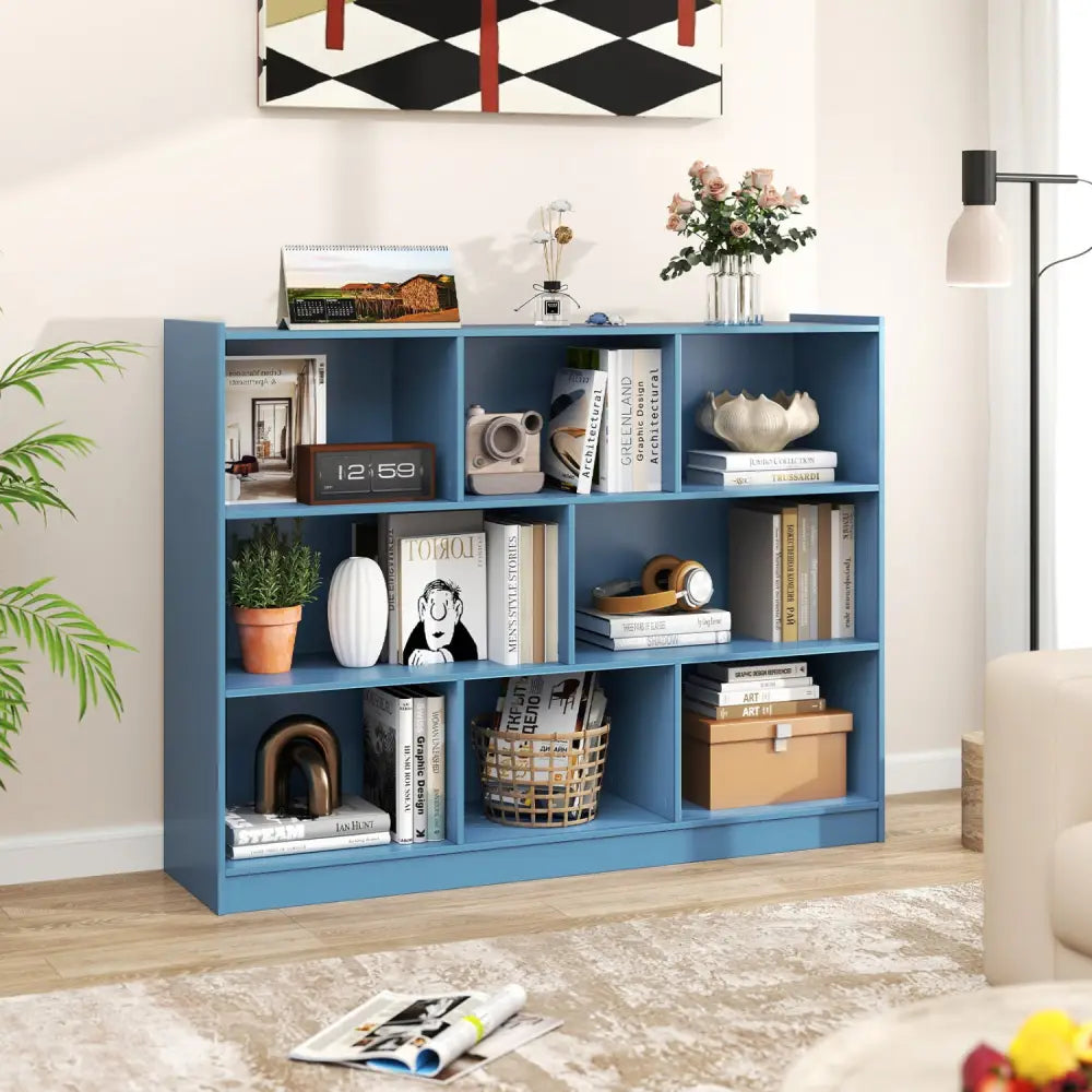 3-Tier Open Bookcase 8-Cube Floor Standing Storage Shelves-Blue - Blue - Bookcases