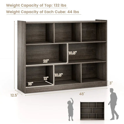 3-Tier Open Bookcase 8-Cube Floor Standing Storage Shelves Display Cabinet-Gray Costway