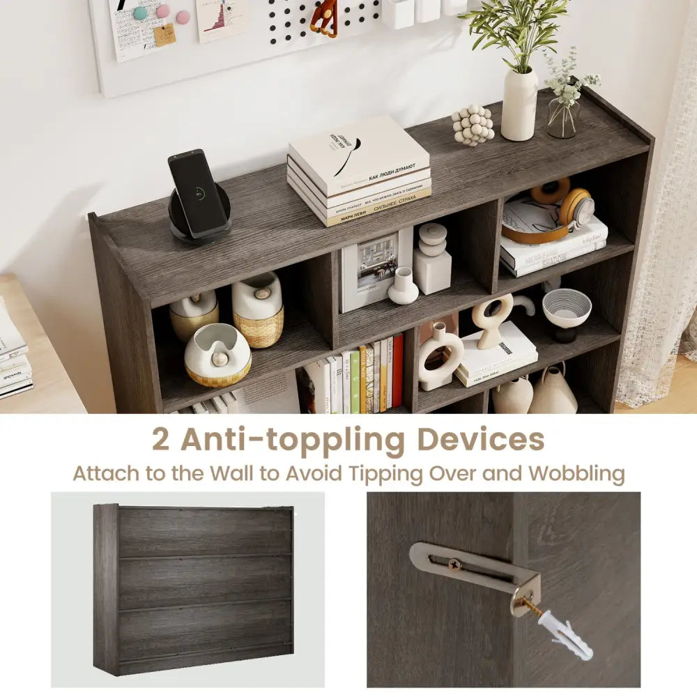 3-Tier Open Bookcase 8-Cube Floor Standing Storage Shelves Display Cabinet-Gray - Gray - Bookcases