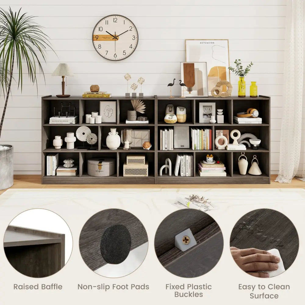 3-Tier Open Bookcase 8-Cube Floor Standing Storage Shelves Display Cabinet-Gray - Gray - Bookcases