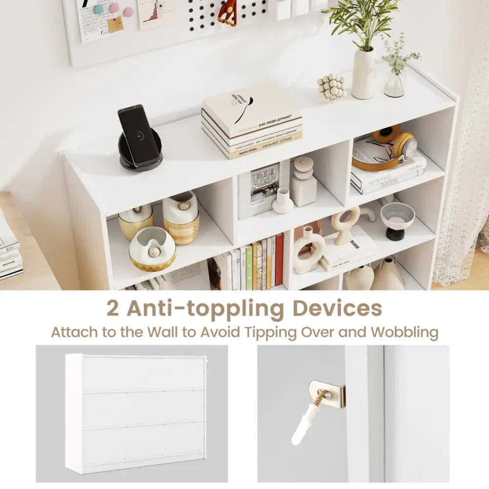 3-Tier Open Bookcase 8-Cube Floor Standing Storage Shelves Display Cabinet-White - White - Bookcases
