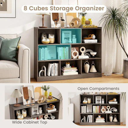 3-Tier Open Bookcase 8-Cube Floor Standing Storage Shelves Display Cabinet-Gray Costway