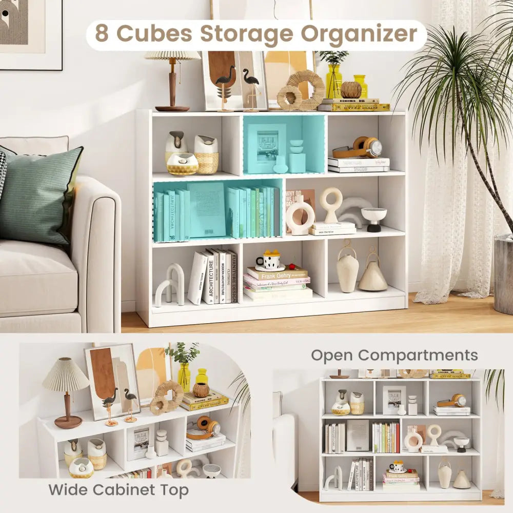 3-Tier Open Bookcase 8-Cube Floor Standing Storage Shelves Display Cabinet-White - White - Bookcases