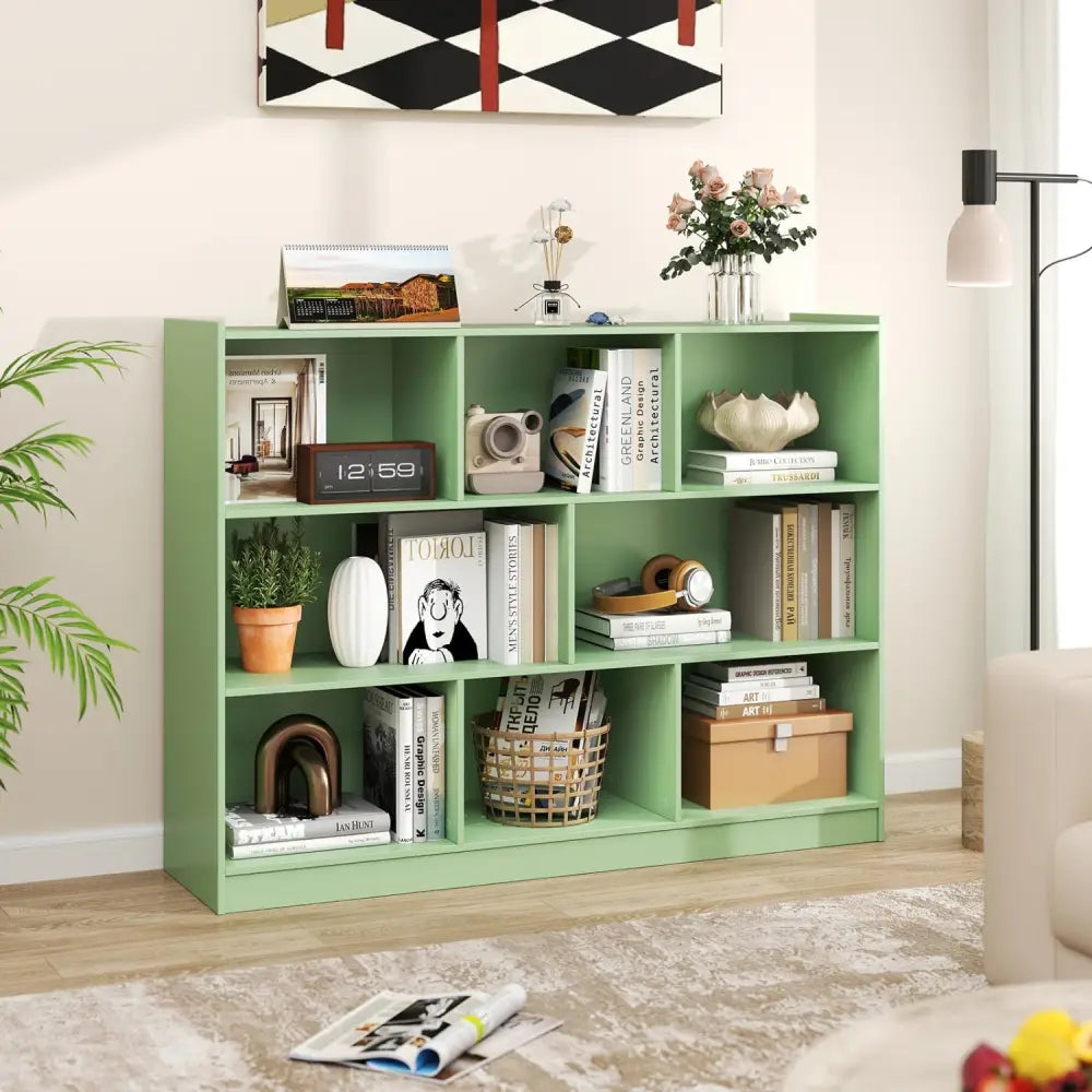 3-Tier Open Bookcase 8-Cube Floor Standing Storage Shelves-Green - Green - Bookcases