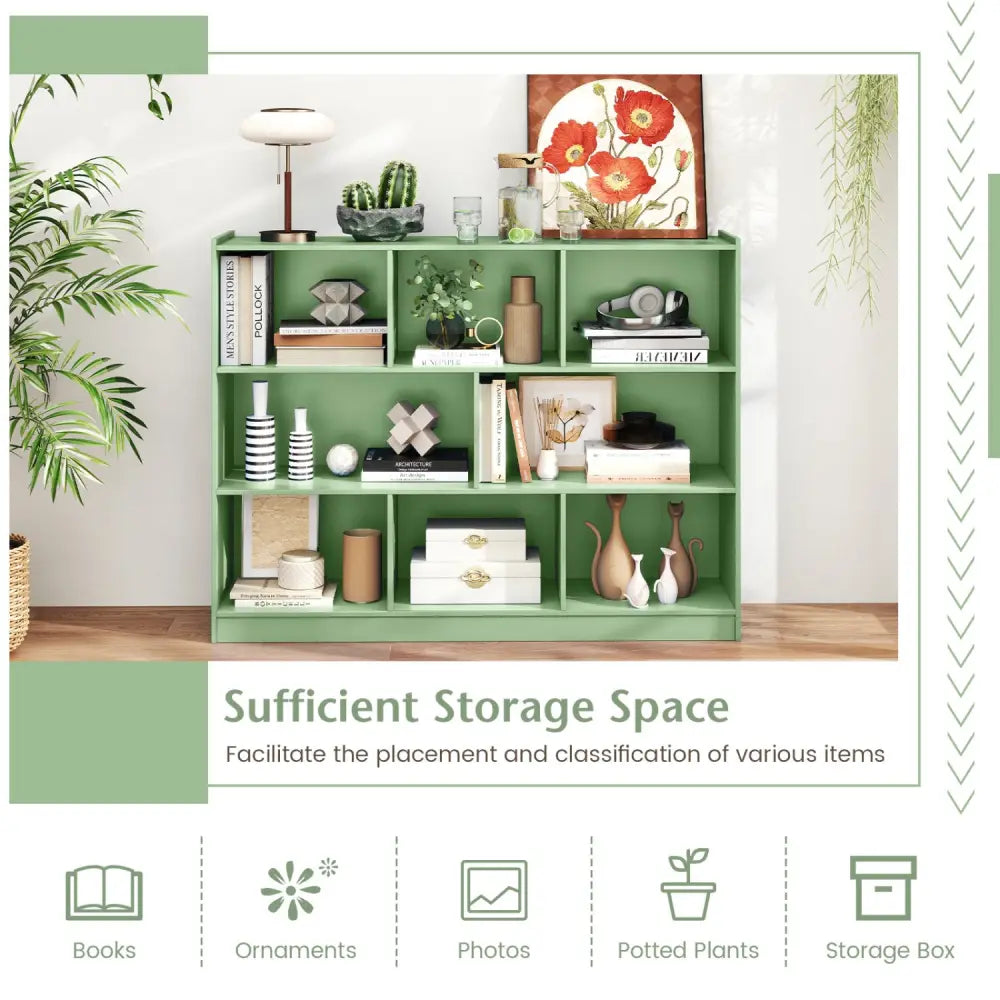 3-Tier Open Bookcase 8-Cube Floor Standing Storage Shelves-Green - Green - Bookcases