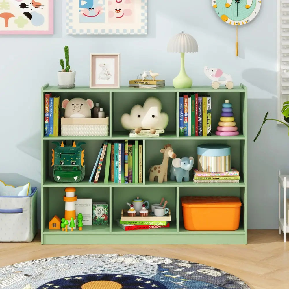 3-Tier Open Bookcase 8-Cube Floor Standing Storage Shelves-Green - Green - Bookcases