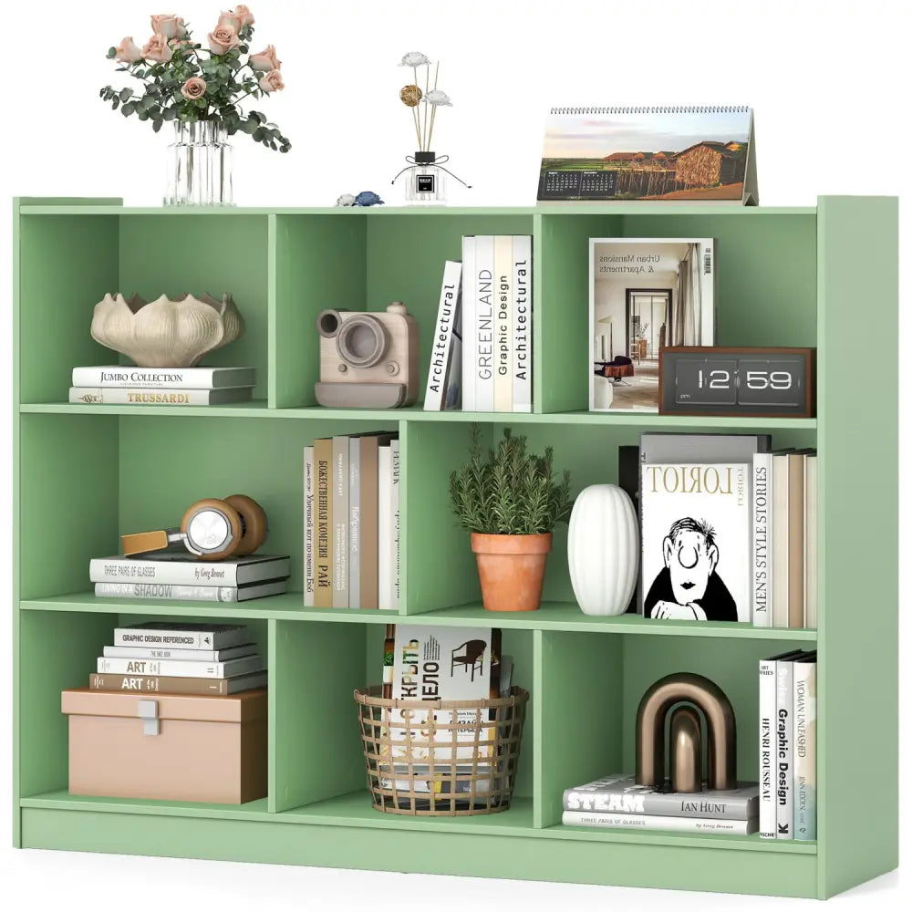 3-Tier Open Bookcase 8-Cube Floor Standing Storage Shelves-Green - Green - Bookcases