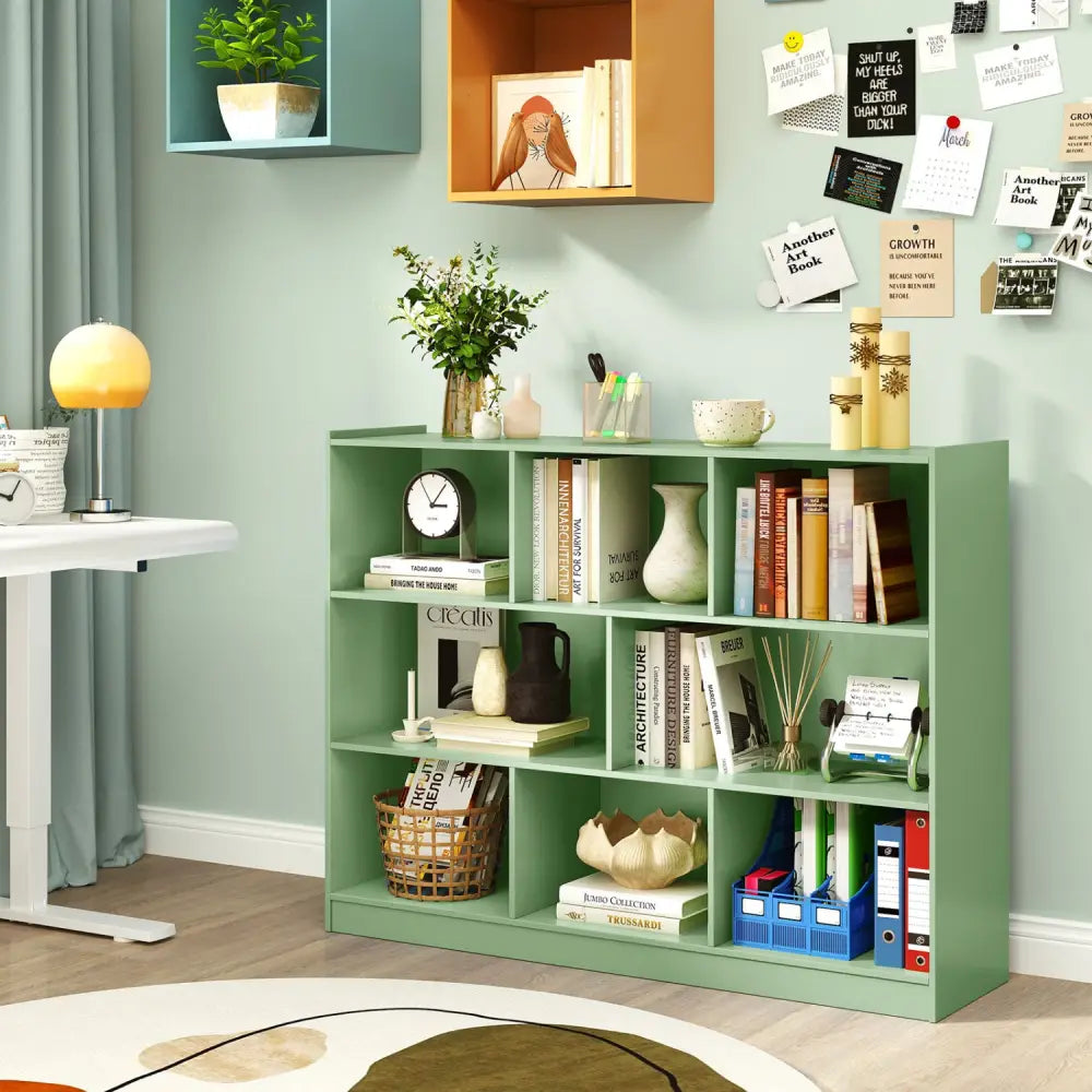 3-Tier Open Bookcase 8-Cube Floor Standing Storage Shelves-Green - Green - Bookcases