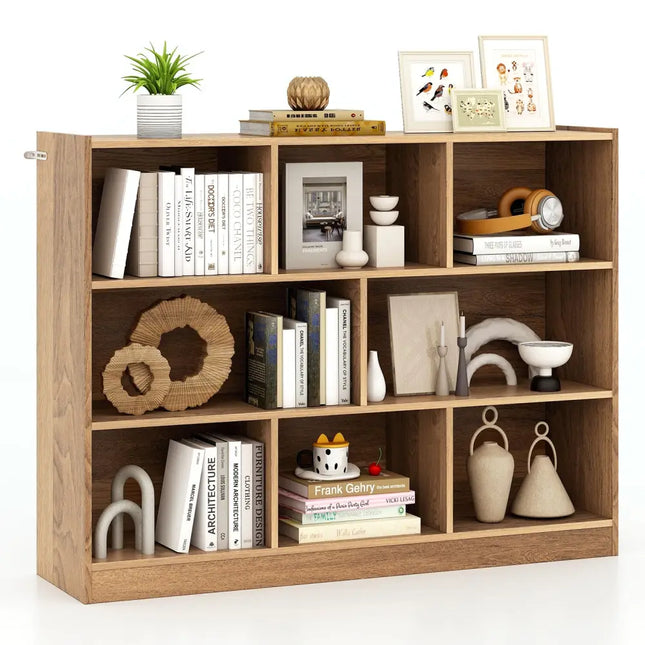 3-Tier Open Bookcase 8-Cube Floor Standing Storage Shelves-Natural Costway