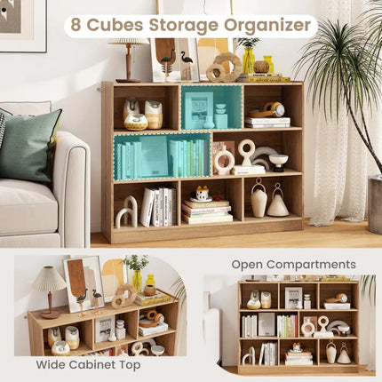 3-Tier Open Bookcase 8-Cube Floor Standing Storage Shelves-Natural Costway