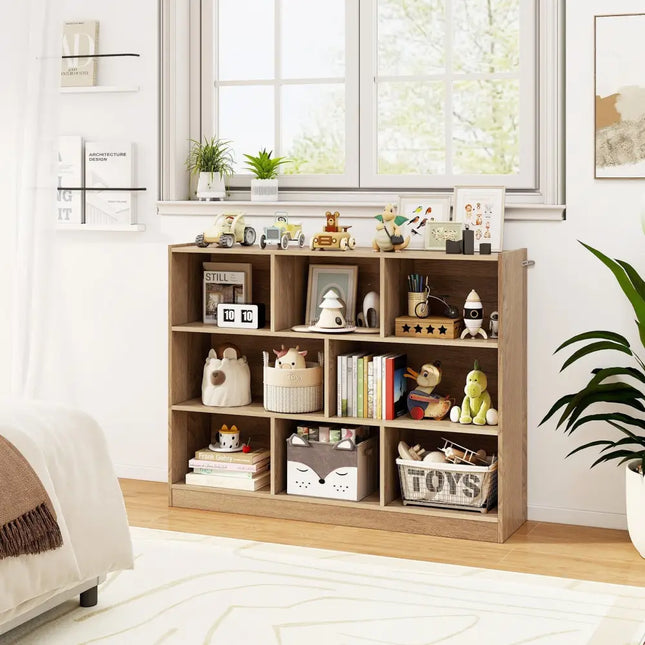 3-Tier Open Bookcase 8-Cube Floor Standing Storage Shelves-Natural Costway