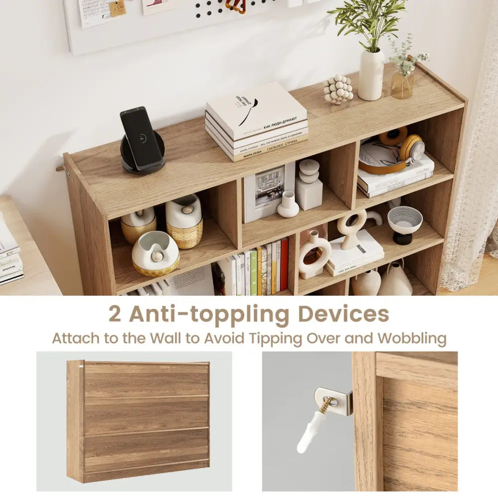 3-Tier Open Bookcase 8-Cube Floor Standing Storage Shelves-Natural - Natural - Bookcases