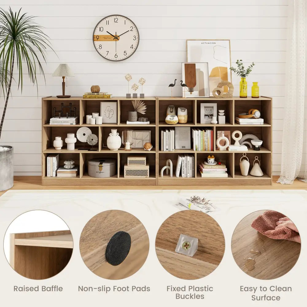 3-Tier Open Bookcase 8-Cube Floor Standing Storage Shelves-Natural - Natural - Bookcases