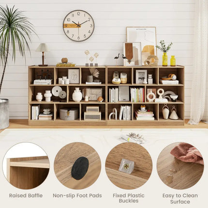 3-Tier Open Bookcase 8-Cube Floor Standing Storage Shelves-Natural Costway