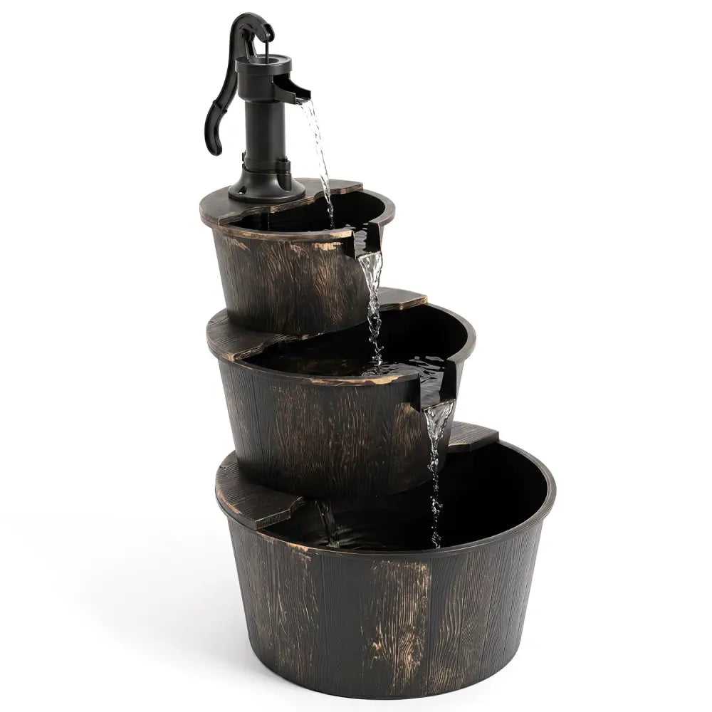3-Tier Outdoor Barrel Waterfall Fountain with Electric Pump - Outdoor Water Fountains