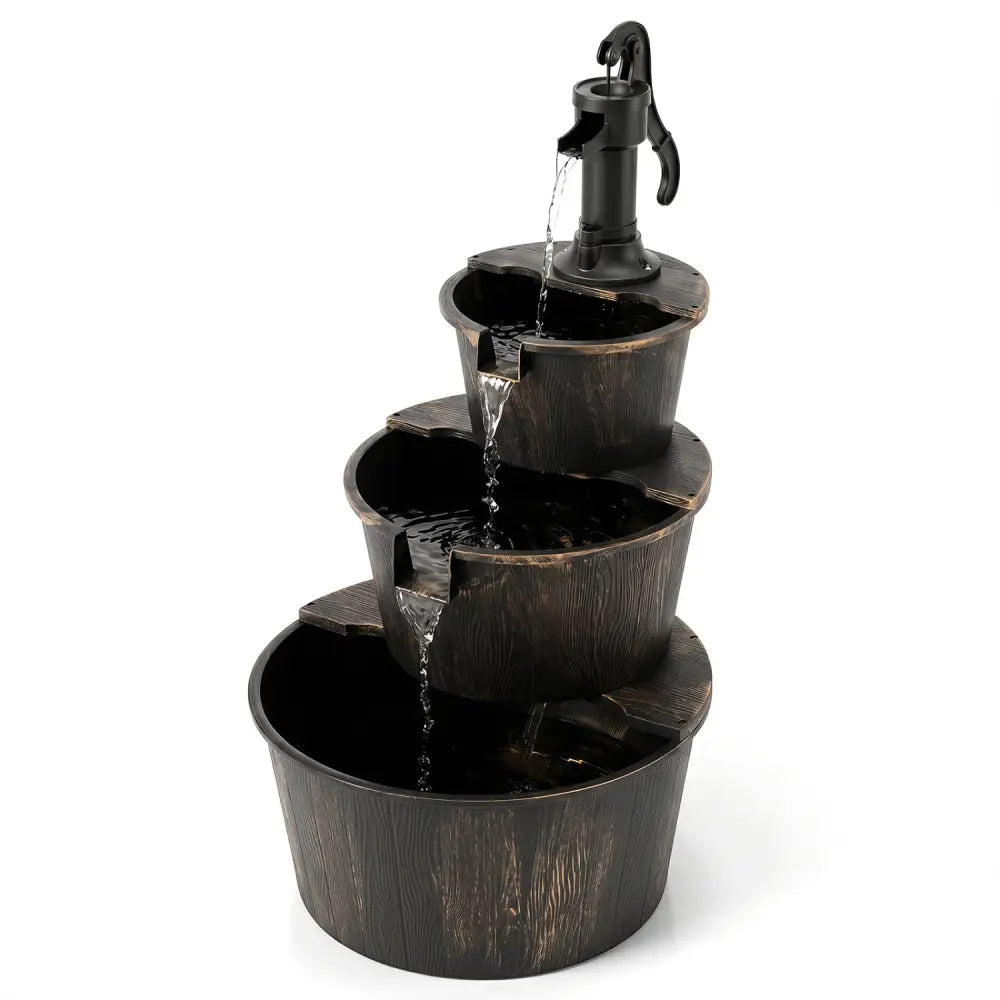 3-Tier Outdoor Barrel Waterfall Fountain with Electric Pump - Outdoor Water Fountains