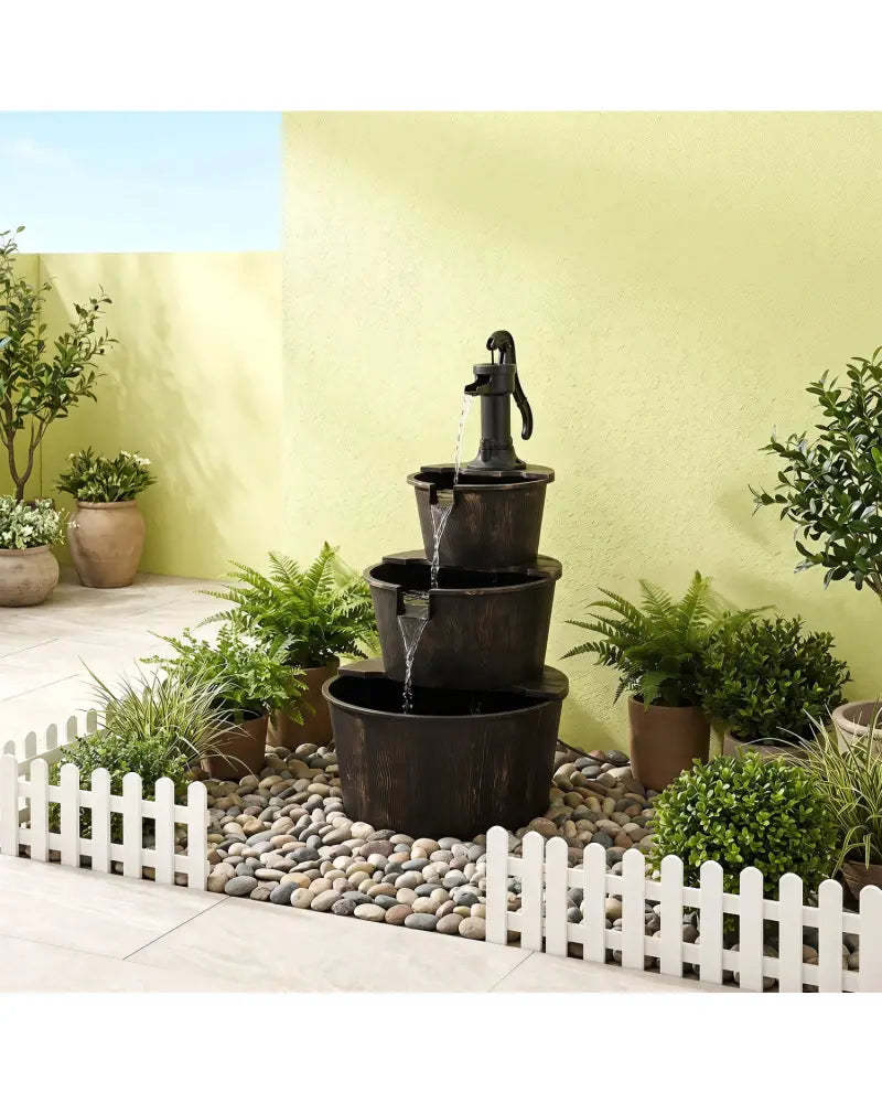 3-Tier Outdoor Barrel Waterfall Fountain with Electric Pump - Outdoor Water Fountains