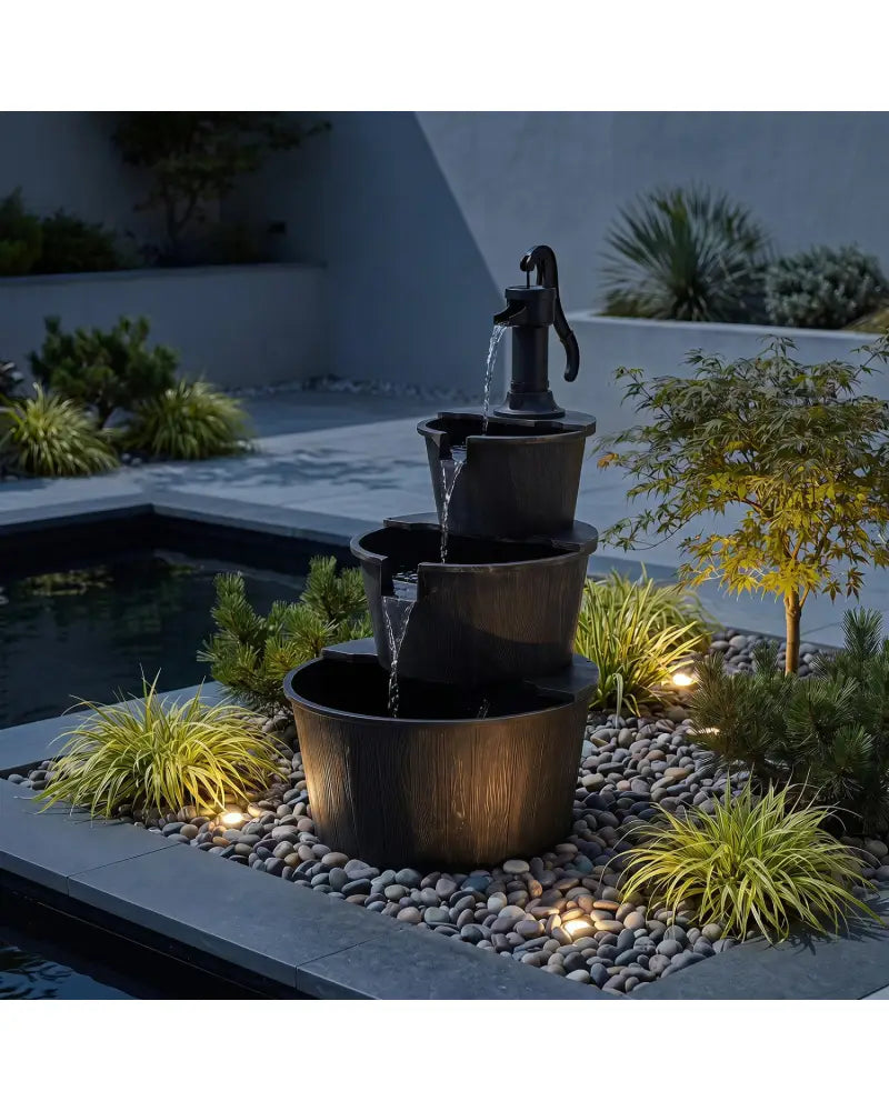 3-Tier Outdoor Barrel Waterfall Fountain with Electric Pump - Outdoor Water Fountains