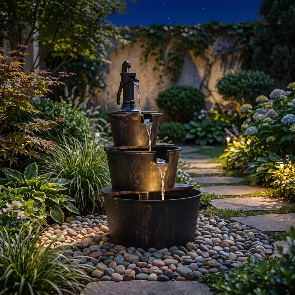 3-Tier Outdoor Barrel Waterfall Fountain with Electric Pump - Outdoor Water Fountains