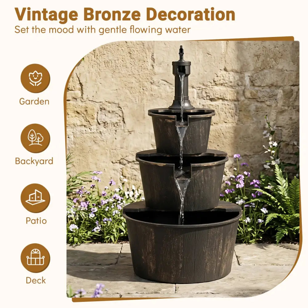 3-Tier Outdoor Barrel Waterfall Fountain with Electric Pump - Outdoor Water Fountains