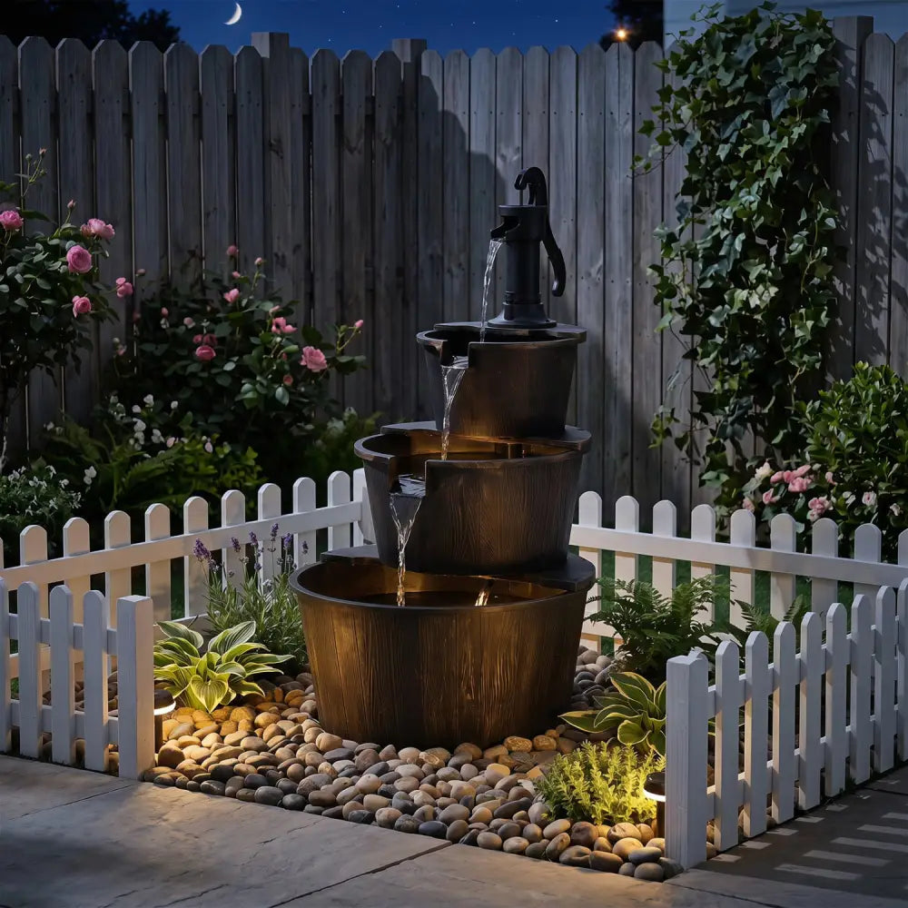3-Tier Outdoor Barrel Waterfall Fountain with Electric Pump - Outdoor Water Fountains