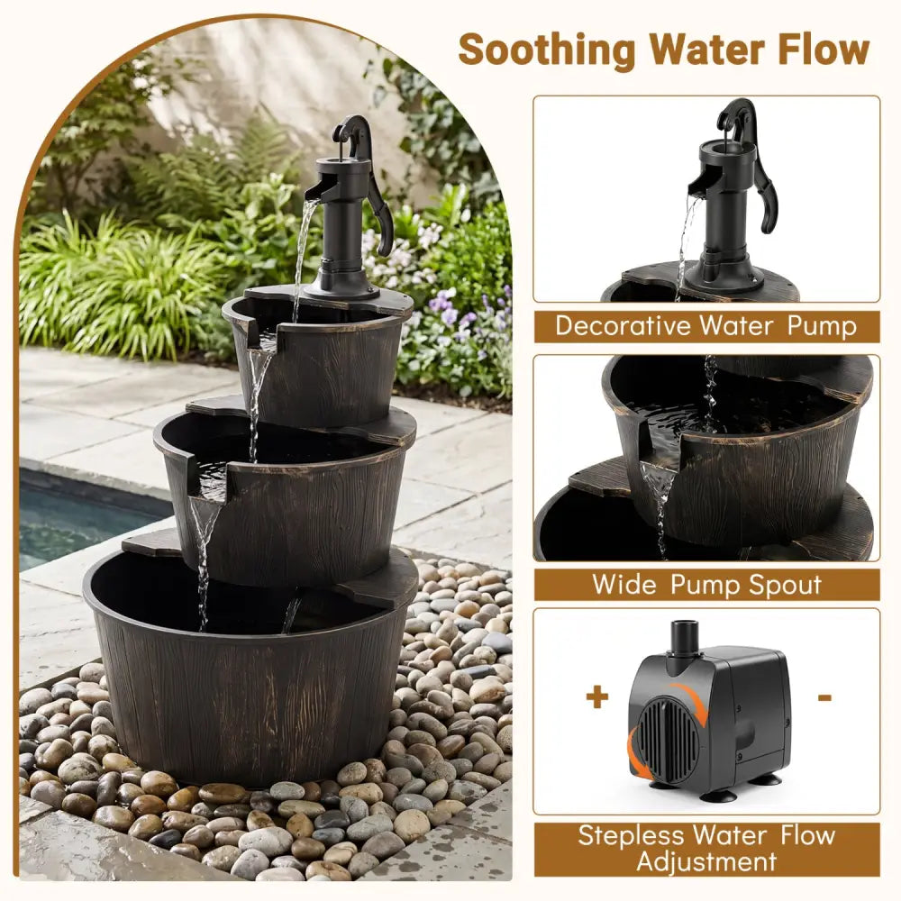 3-Tier Outdoor Barrel Waterfall Fountain with Electric Pump - Outdoor Water Fountains