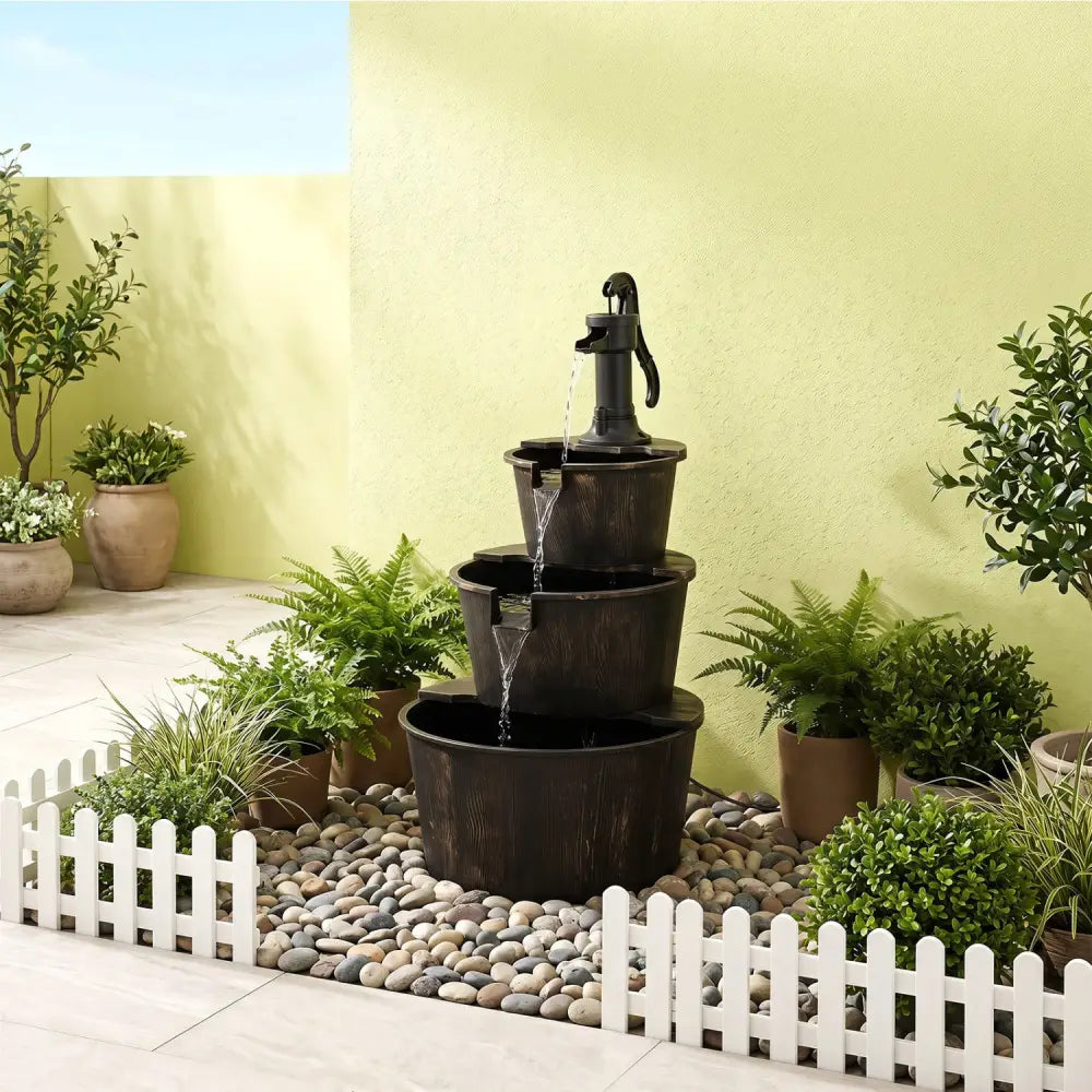 3-Tier Outdoor Barrel Waterfall Fountain with Electric Pump - Outdoor Water Fountains