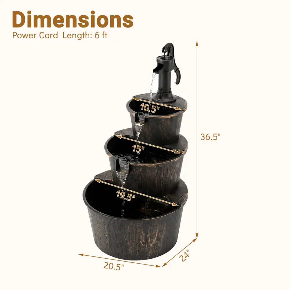 3-Tier Outdoor Barrel Waterfall Fountain with Electric Pump - Outdoor Water Fountains