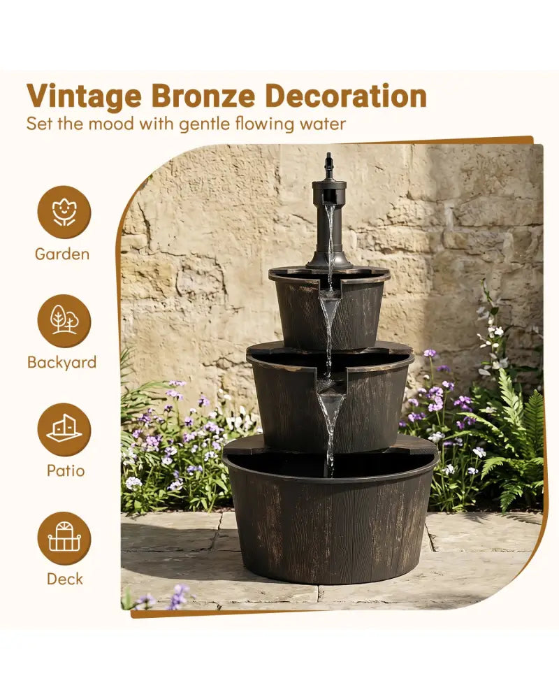 3-Tier Outdoor Barrel Waterfall Fountain with Electric Pump - Outdoor Water Fountains